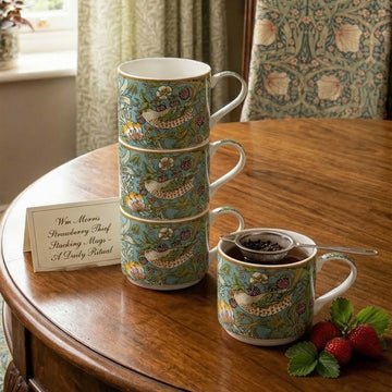 2Pcs William Morris Strawberry Thief 300ml Ceramic Stacking Mug Set