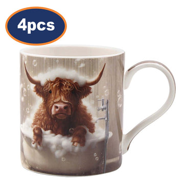 Ceramic Coffee Mug Highland Cow Bubble Bath 4pcs