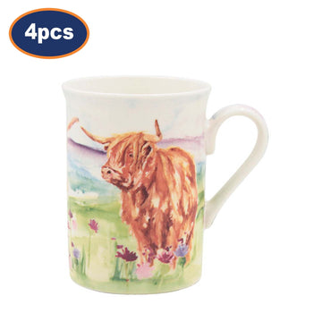 4Pcs 275ml Highland Cow Ceramic Mug