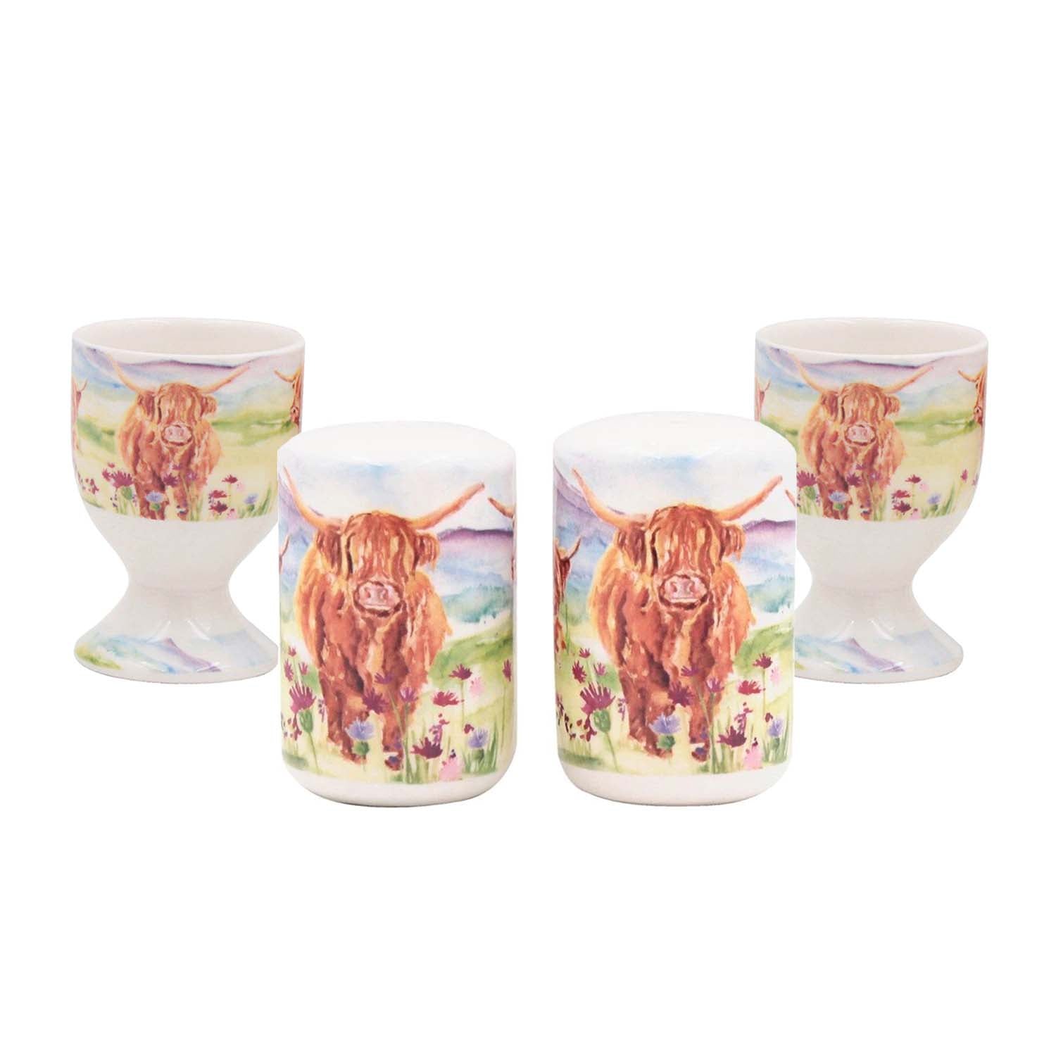 4Pcs Highland Cows Ceramic  Salt & Pepper Shakers and Egg Cups Set