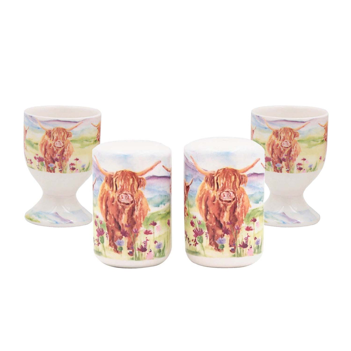 4Pcs Highland Cows Ceramic  Salt & Pepper Shakers and Egg Cups Set