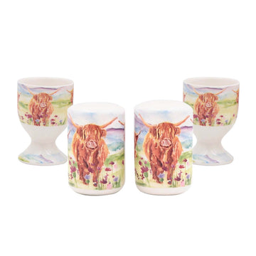 4Pcs Highland Cows Ceramic  Salt & Pepper Shakers and Egg Cups Set