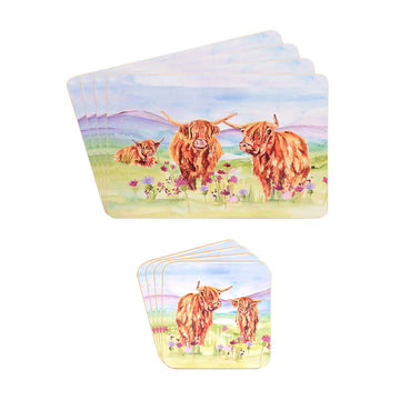 8Pcs Highland Cows Cork-Backed Placemats & Coasters Set