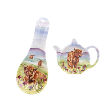 2Pcs Highland Cows Spoon Rest & Teabag Tidy Set