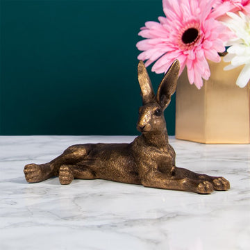 Bronze Resin Reflections Lying Hare Figurine