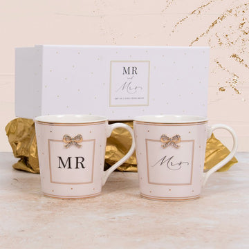 Set Of 4 - White Ceramic 2 Couple Mr. & Mrs. Mug