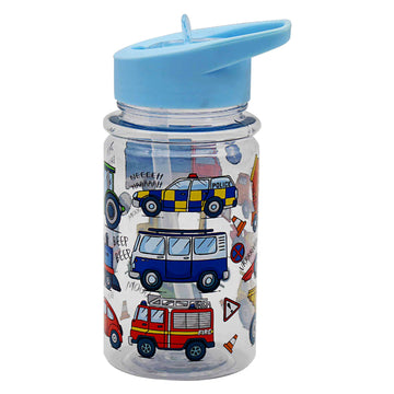 Blue Drinking Bottle with Folding Straw for Kids - Vehicles