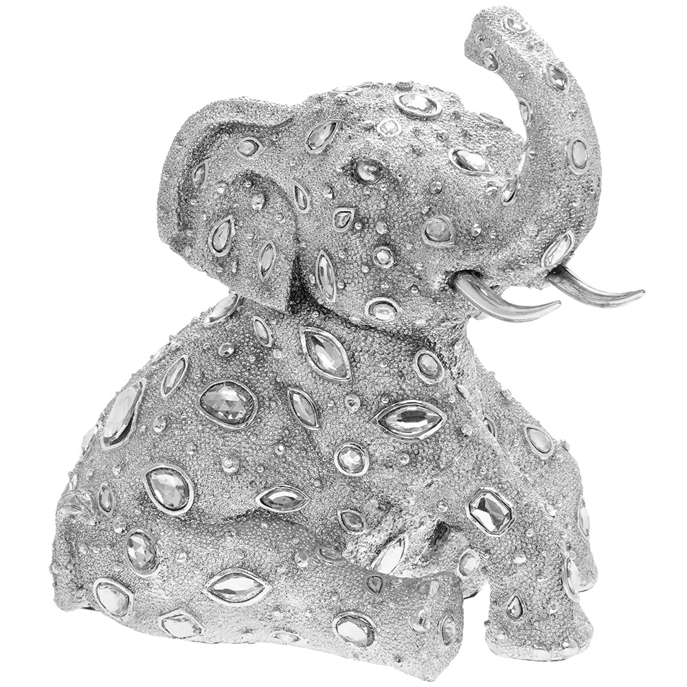 Sitting Elephant Silver Art Diamante Decor