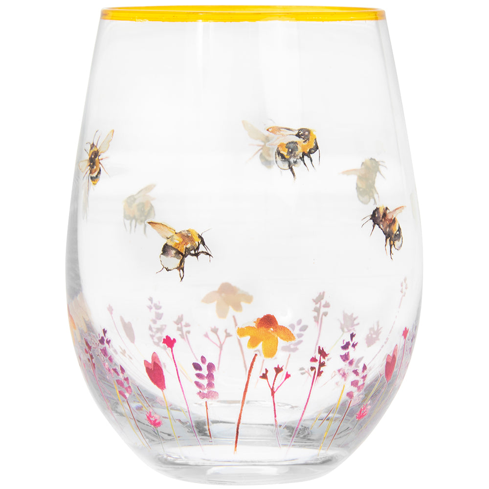 Hand Painted Bees & Flowers Stemless Gin Glass (design by Jennifer Rose)