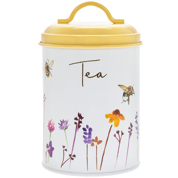 Bees & Flowers Tea Storage Yellow Tin Canister Airtight Lid