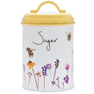 Bees & Flowers Sugar Storage Yellow Tin Canister Airtight Lid