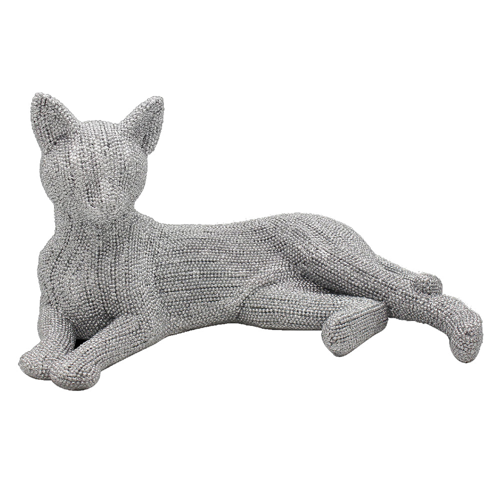 Diamante Silver Bead Lying Cat Display Statue Figurine