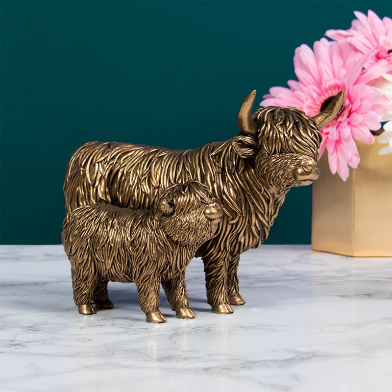 Bronze Highland Cow & Calf Animal Figurine