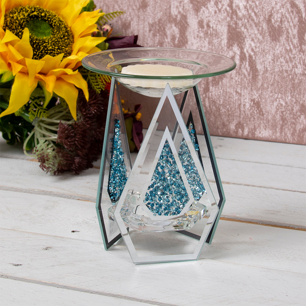 Mirrored Glass Oil Warmer Wax Melt Burner Blue Crystals