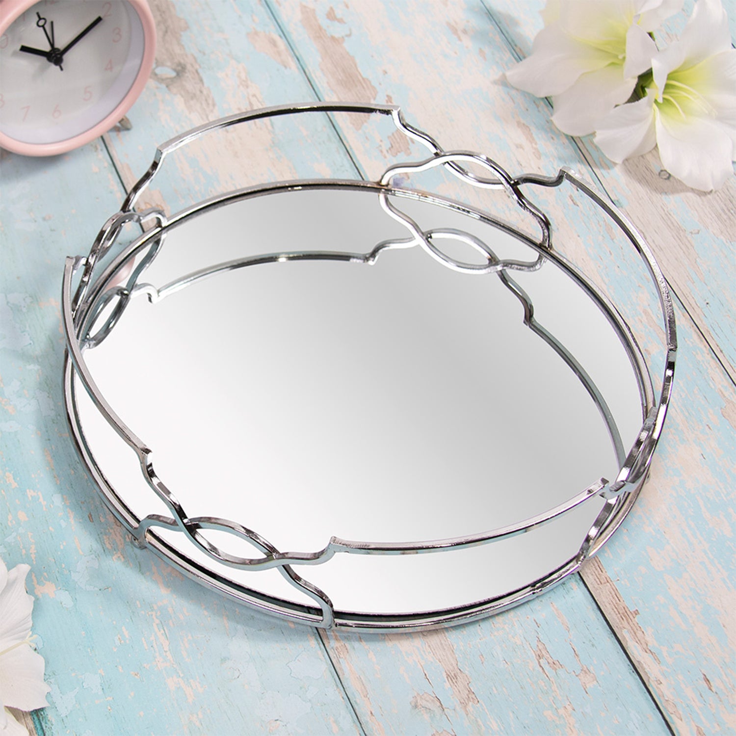 26cm Mirrored Round Gatsby Style Silver Tray