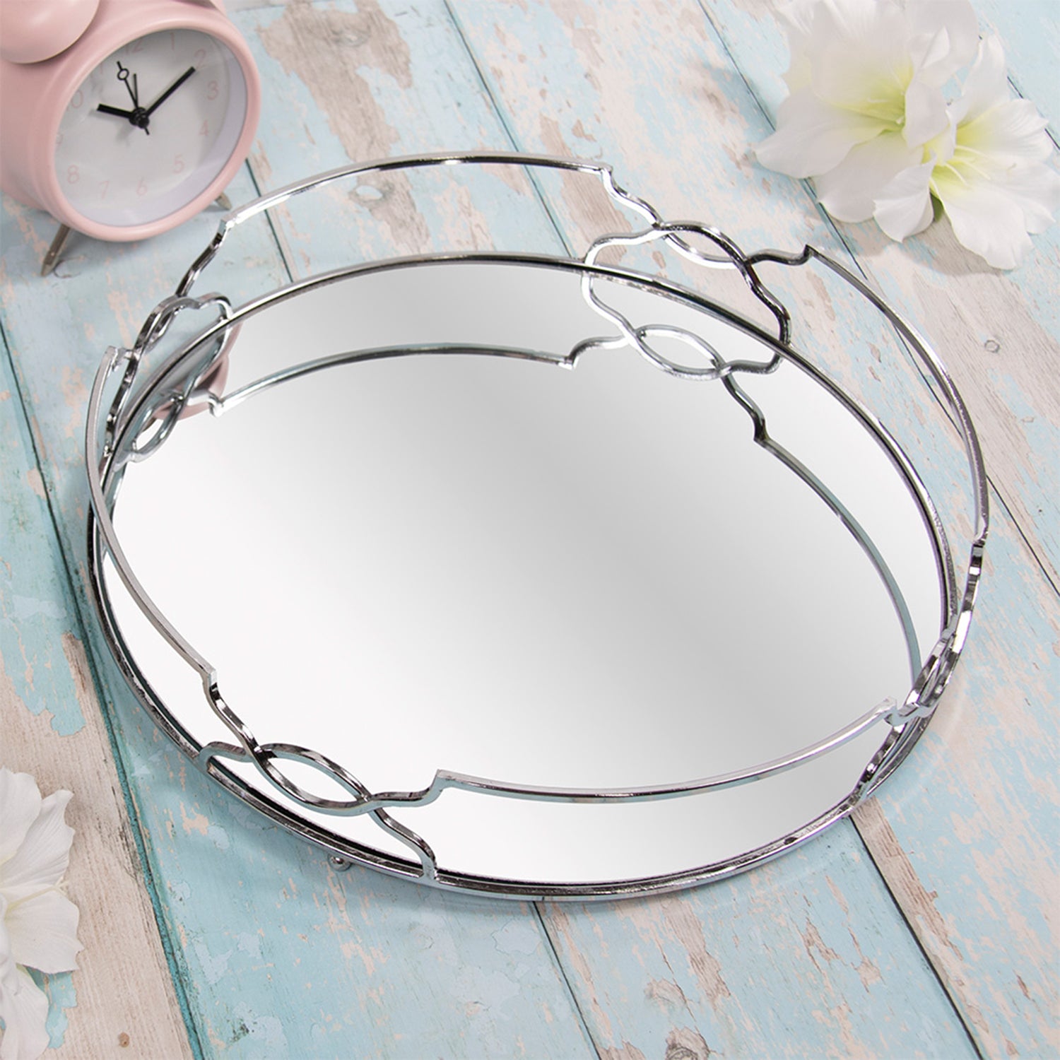 31cm Mirrored Round Gatsby Style Silver Tray