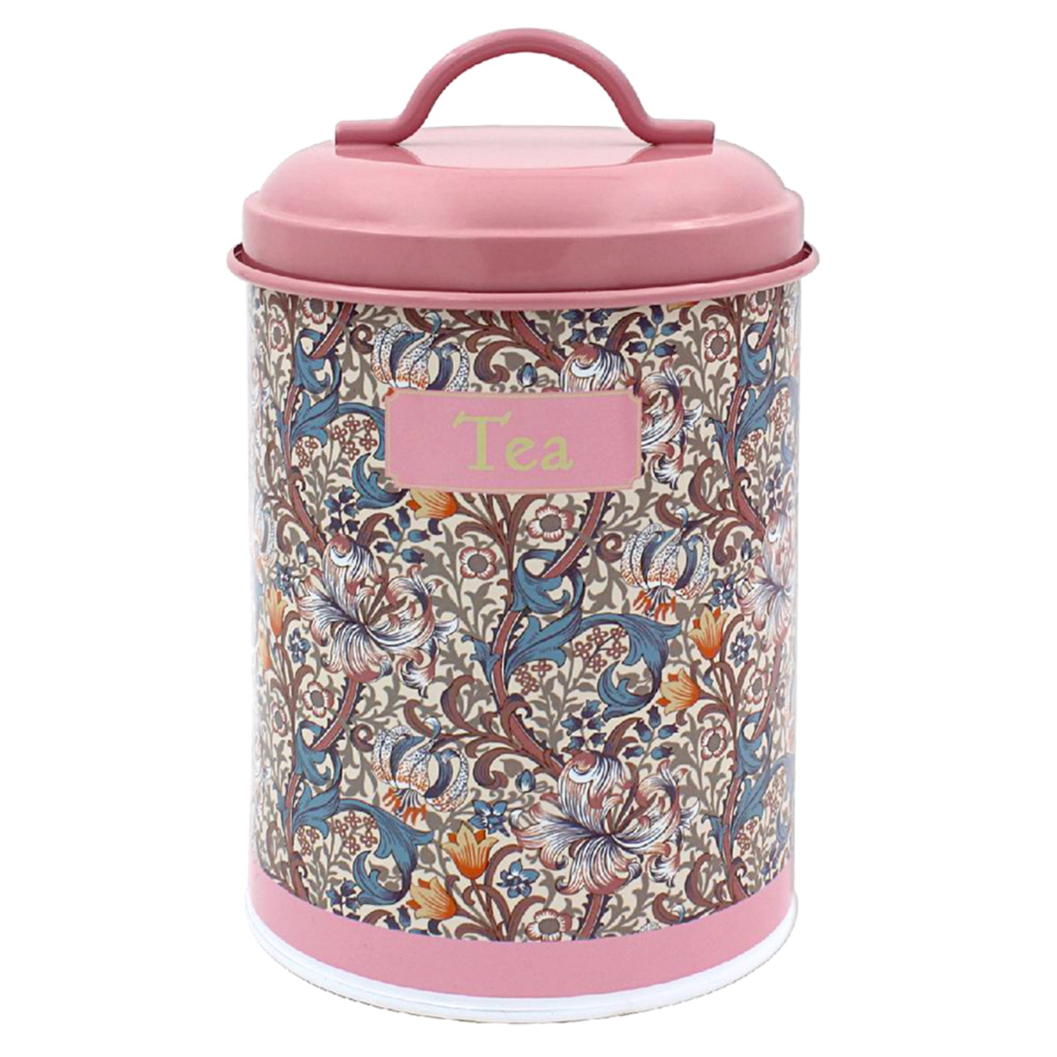 Pink Tea Canister Golden Lily Floral Metal Container Lid
