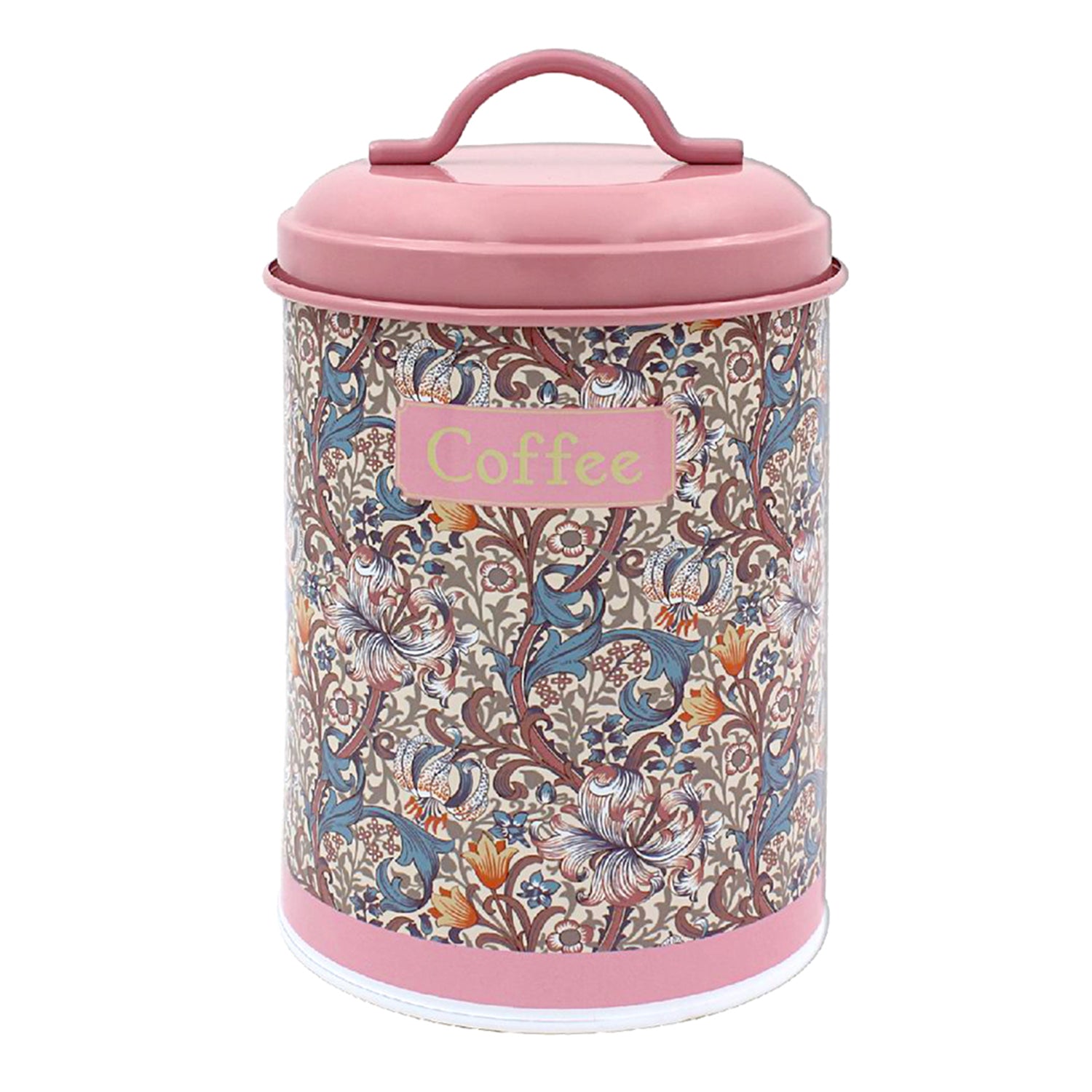 Pink Coffee Canister Golden Lily Floral Metal Container Lid