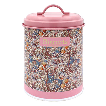 Pink Biscuit Canister Golden Lily Floral Metal Container Lid