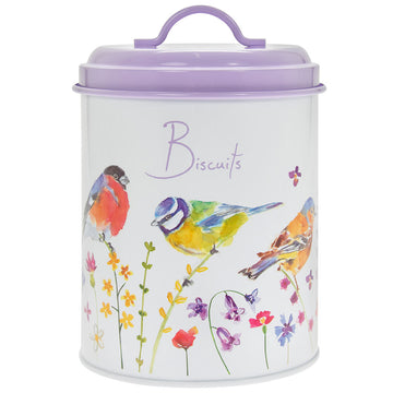 Garden Birds Lavender Tin Airtight Floral Biscuits Canister