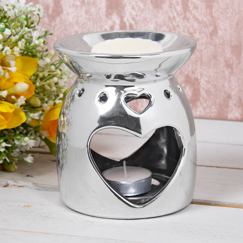 Ceramic Silver Hearts Design Warmer Tea Light Oil Burner