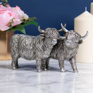 Silver Art Highland Cows Ornament Animal Statue Figurine