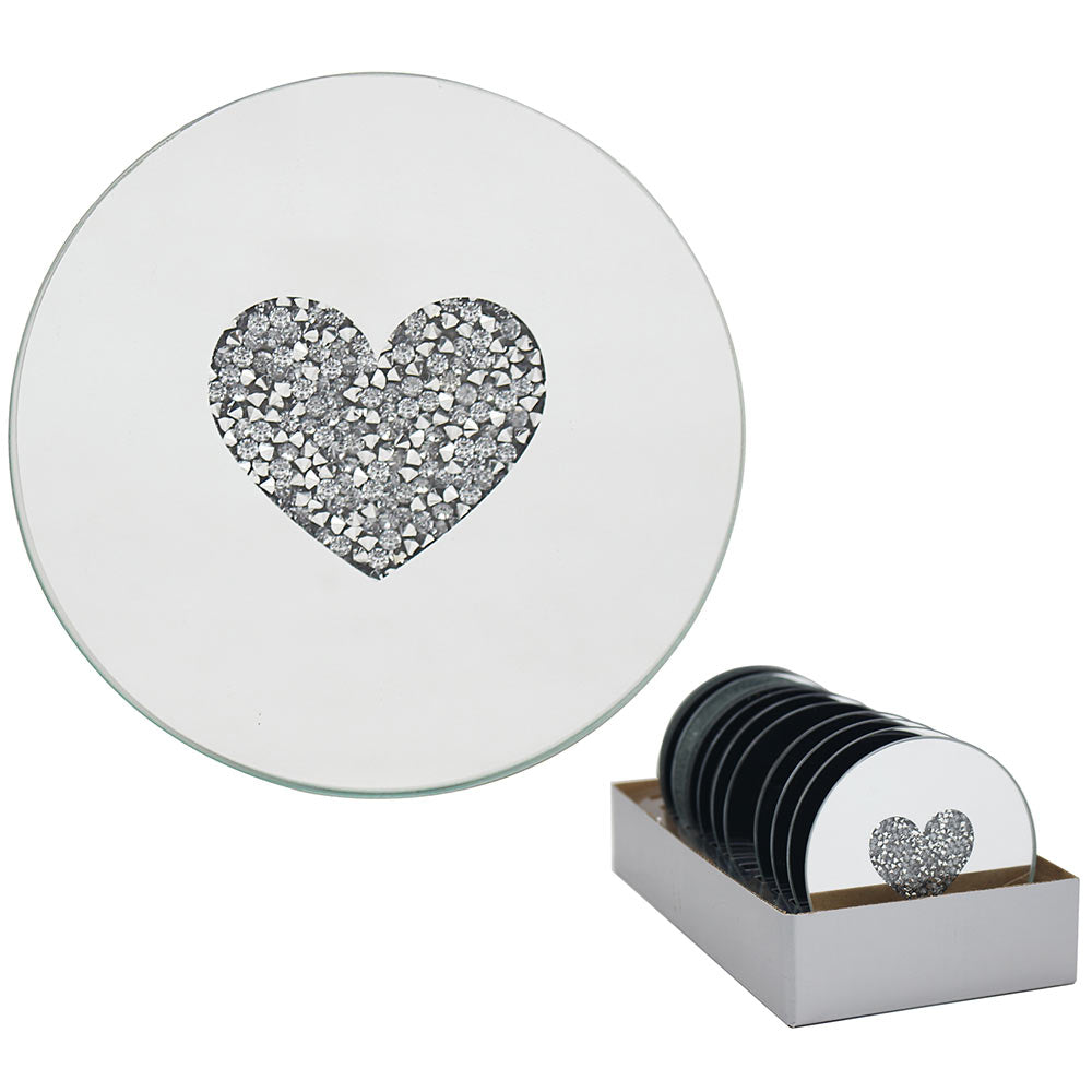 10cm Mirrored Round Candle Plate - Multi Crystal Heart Diamante