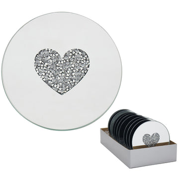 Set of 8 10cm Mirrored Round Candle Plate - Multi Crystal Heart Diamante