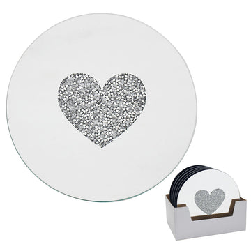 Set of 6 15cm Mirrored Round Candle Plate - Multi Crystal Heart Diamante