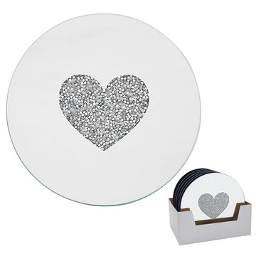 Set of 2 15cm Mirrored Round Candle Plate - Multi Crystal Heart Diamante