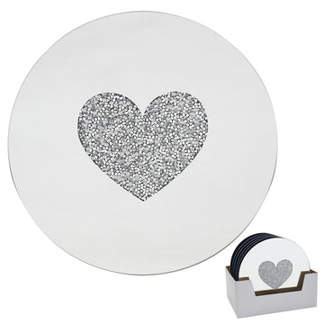 Set of 2 20 cm Mirrored Round Candle Plate - Multi Crystal Heart Diamante