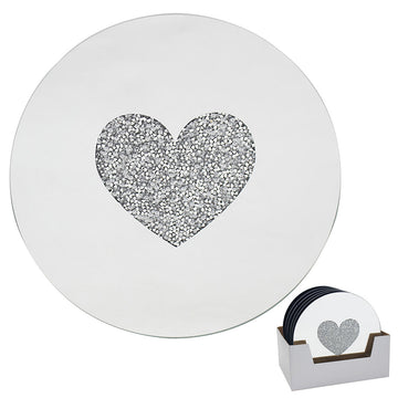 Set of 4 20 cm Mirrored Round Candle Plate - Multi Crystal Heart Diamante