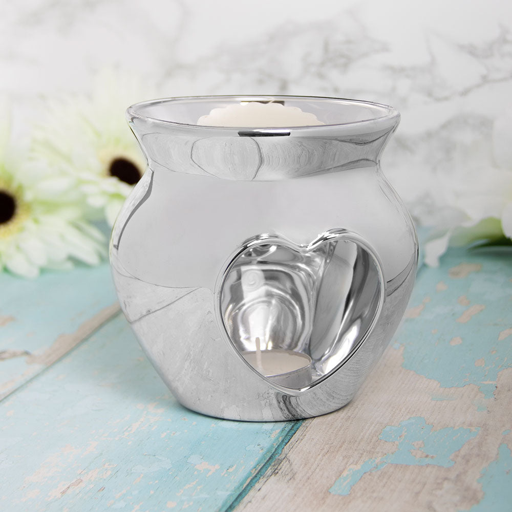 Silver Polished Glass Heart Wax/Oil Warmer