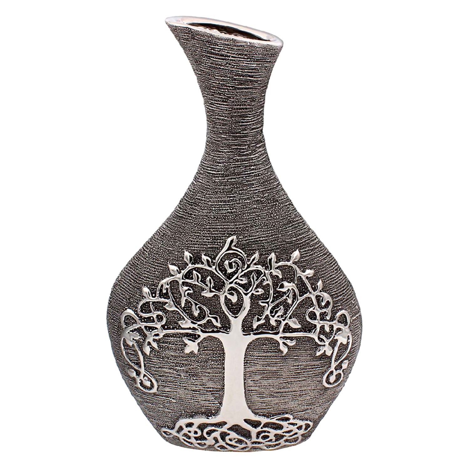 Gunmetal Silver Vase Modern Tree of Life Bottle Home Decor