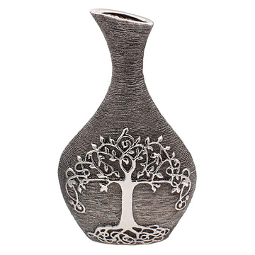 Gunmetal Silver Vase Modern Tree of Life Bottle Home Decor