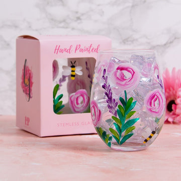 Roses and Bees Stemless Glass