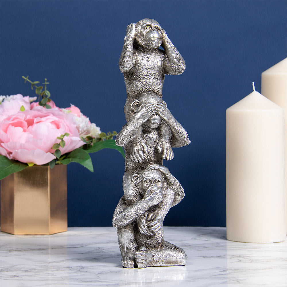 Silver 3 Wise Monkeys Ornament Figure