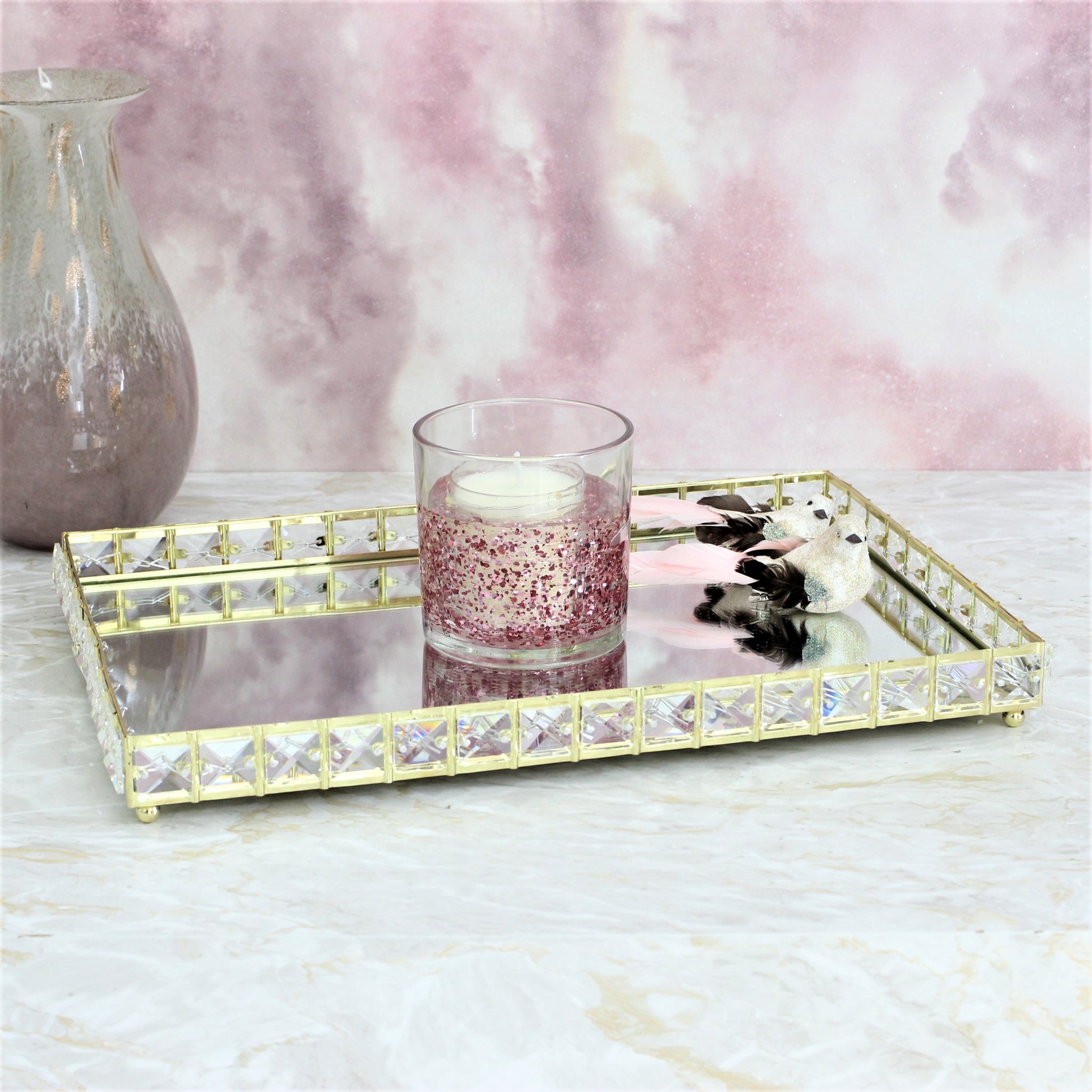 Large Rectangle Gold Metal Mirror Jewellery Tray Holder