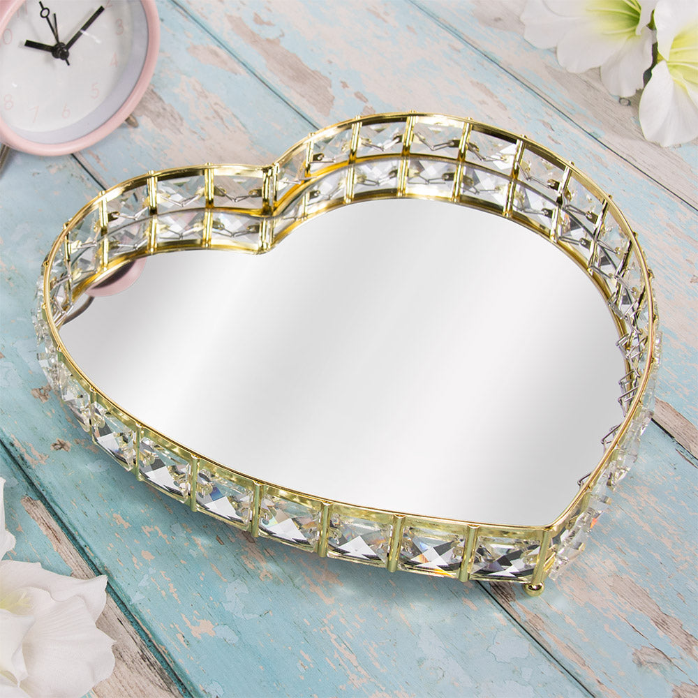 Gold Heart Crystal Diamond Mirrored Jewellery Ornament Tray