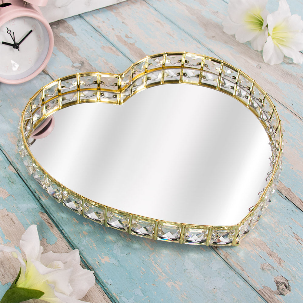 Gold Heart Crystal Diamond Mirrored Jewellery Ornament Tray