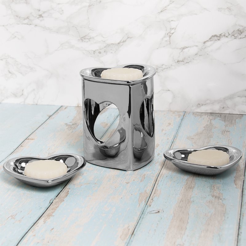 Silver Ceramic Oil Burner 3 Heart-Shaped  Tealight Holder