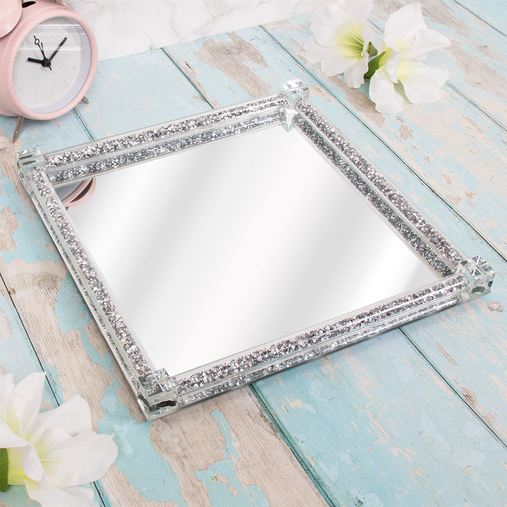 Silver Square Crushed Diamond Mirrored Ornament Tray