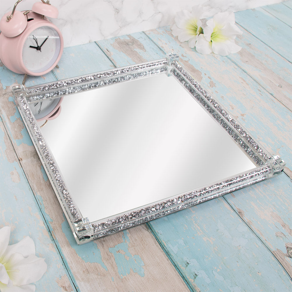 Silver Square Crushed Diamond Mirrored Ornament Tray