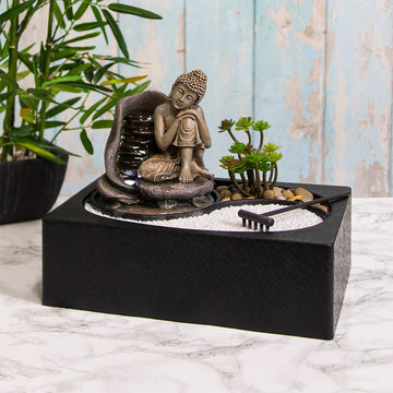 Indoor Water Fountain with LED Light Thinking Buddha