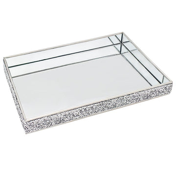 Silver Multi Crystal Large Mirrored Home Dinner Serving Tray