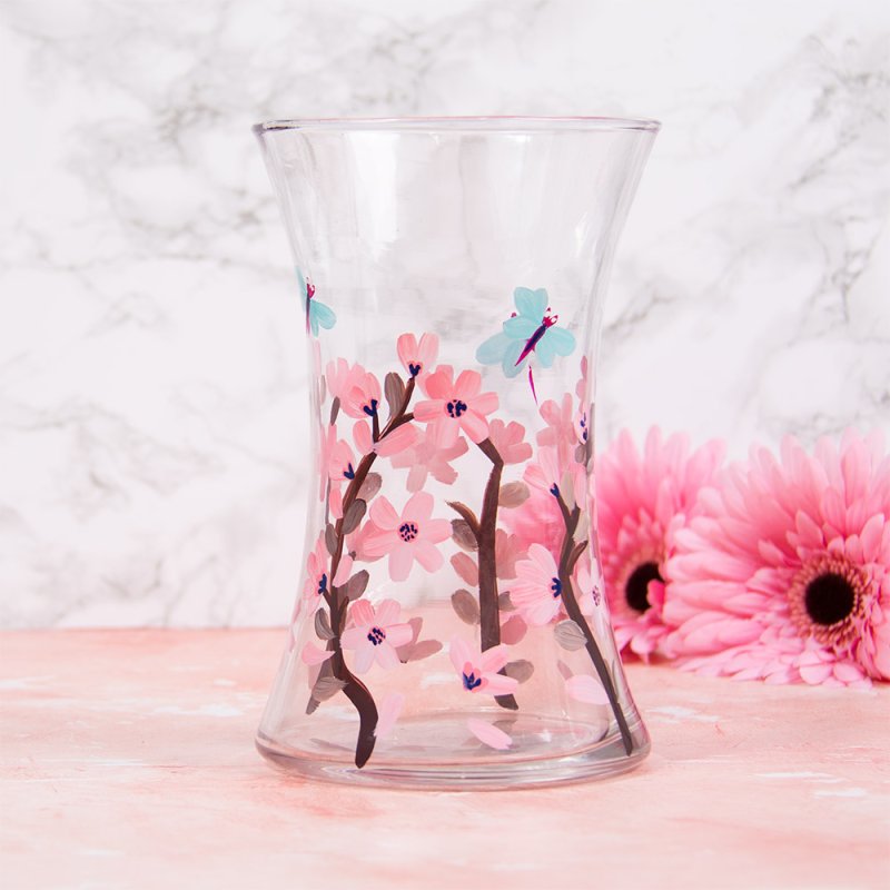 Lynsey Johnstone Hand Painted Blossom & Dragonfly Clear Glass Vase