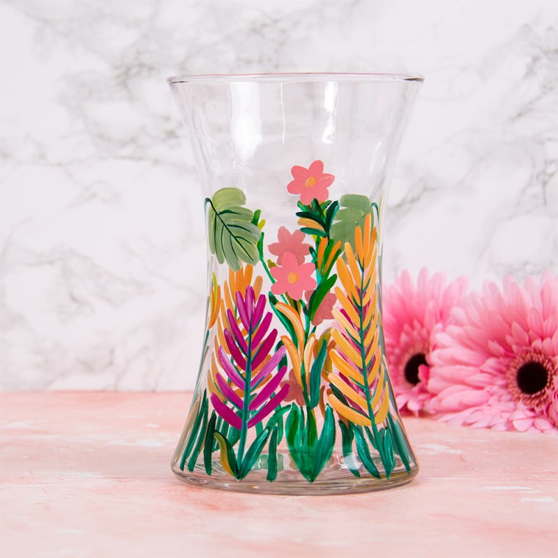 Tropical Leaves Clear Glass Vase