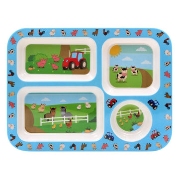 3-pc Blue Farm Animals Plate Tray Laptray Spoon Fork Cutlery for Kids