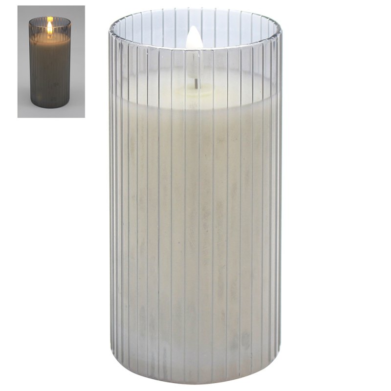 Large LED Flameless Bulb Candle Grey Jar Glass Indoor Decor Battery Operated