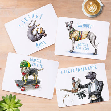 Set of 4 Cork Placemats Dog Witty Humor Illustrations